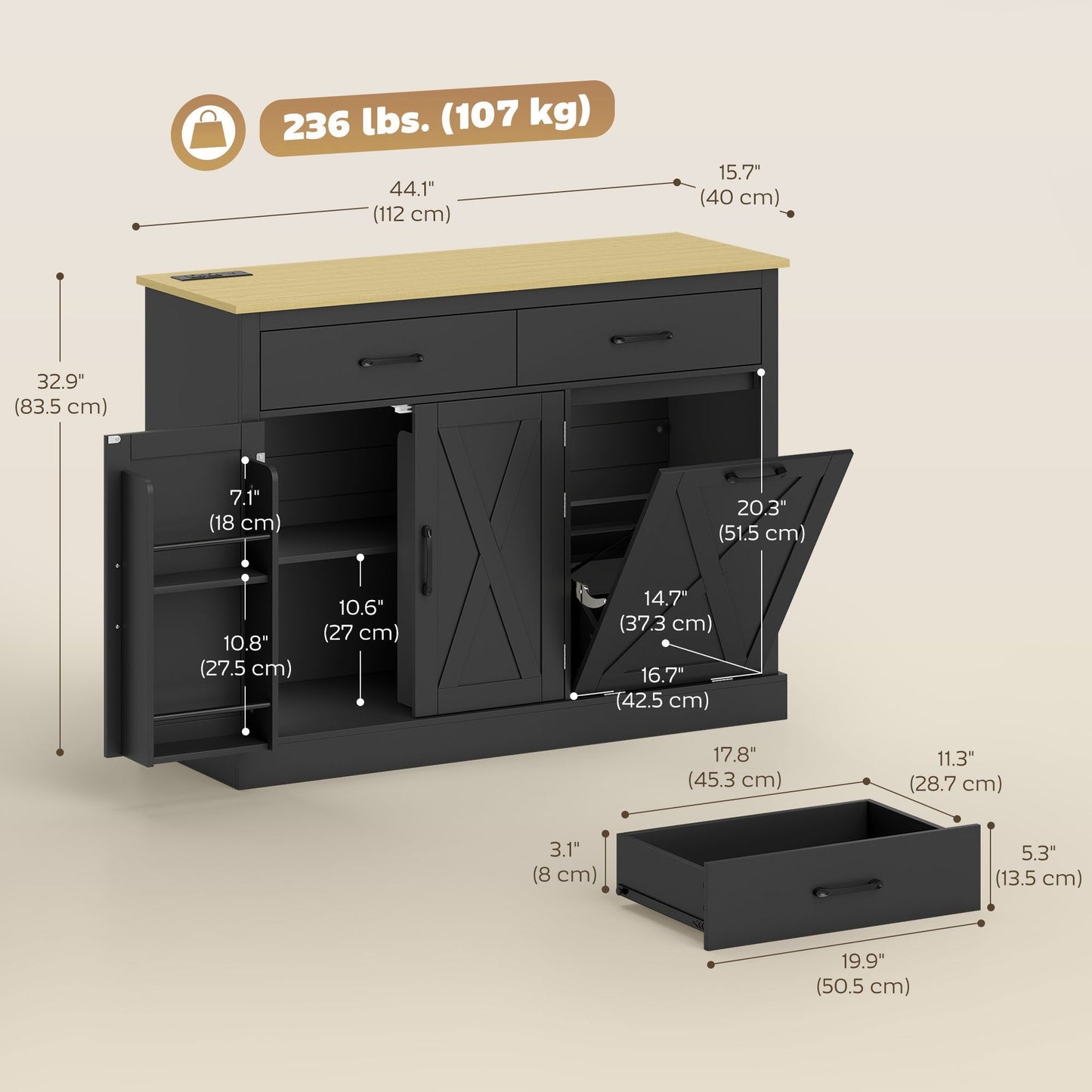 Tilt Out Garbage Cabinet Kitchen Island with Charging Station - Black