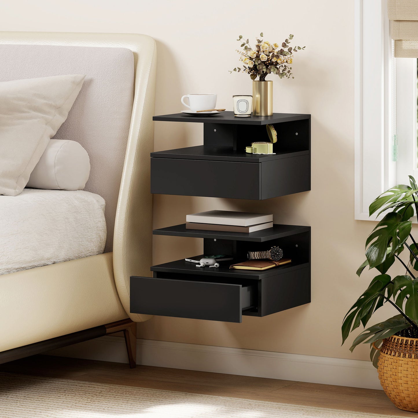 Floating Nightstand Set of 2, Wall Mounted Bedside Table with Drawer and Shelf, Small Night Stand for Bedroom, Black
