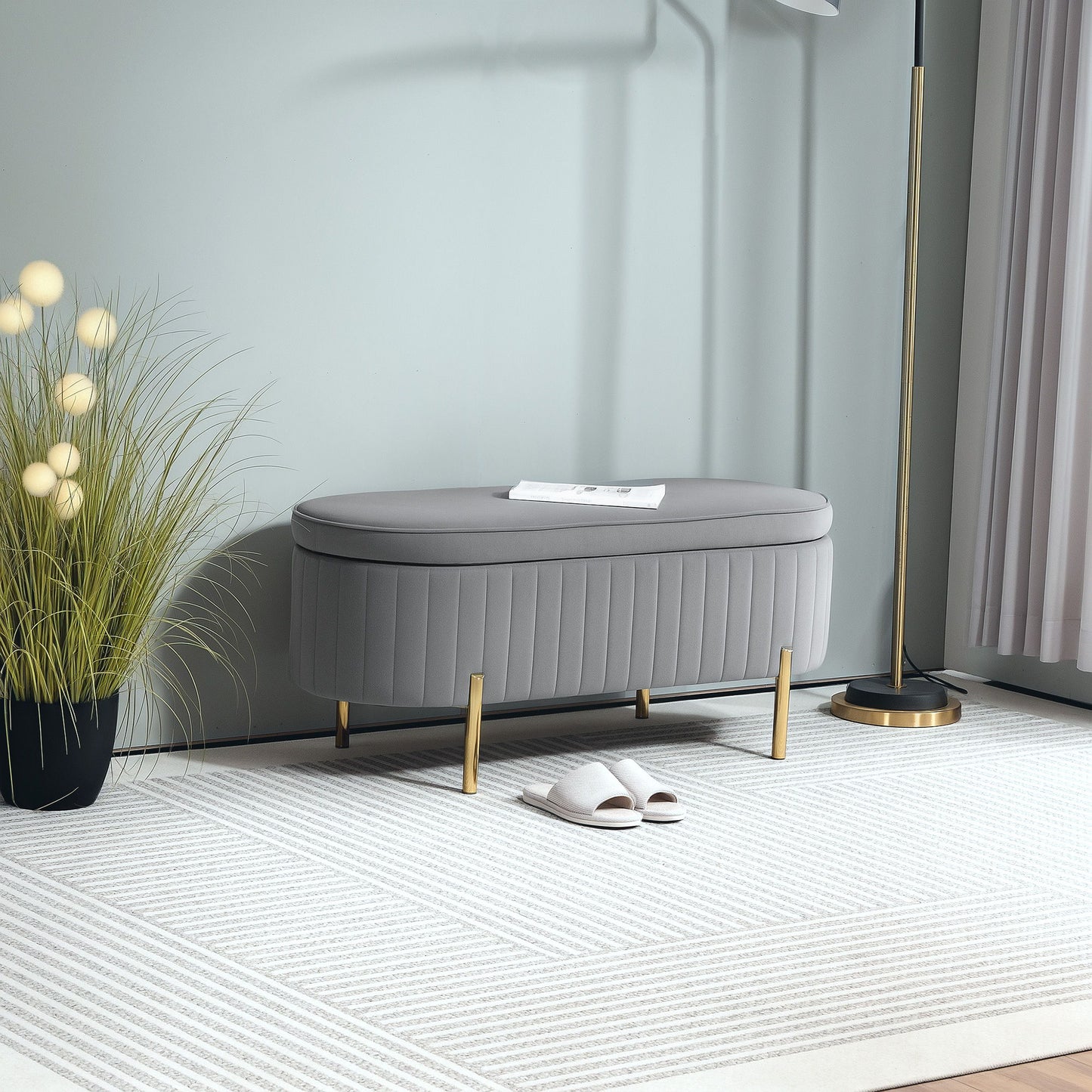 Upholstered Bedroom Bench, Channel Tufted Ottoman Bench with Thick Padding and Metal Legs, Grey