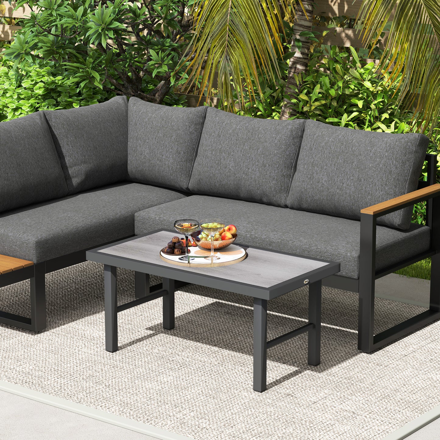 Outdoor Side Table with SPC Woodgrain Tabletop, Metal Patio Coffee Table for Outside Garden, Distressed Grey