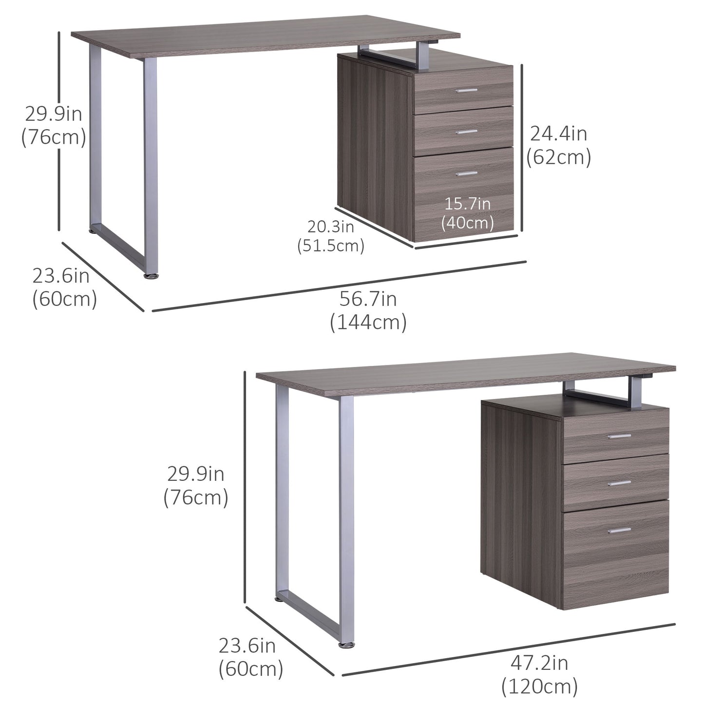 47" Computer Desk Writing Table Workstation with Multi-Use Reversible 3 Drawers Metal Frame Home Office Furniture, Dark Wood Grain