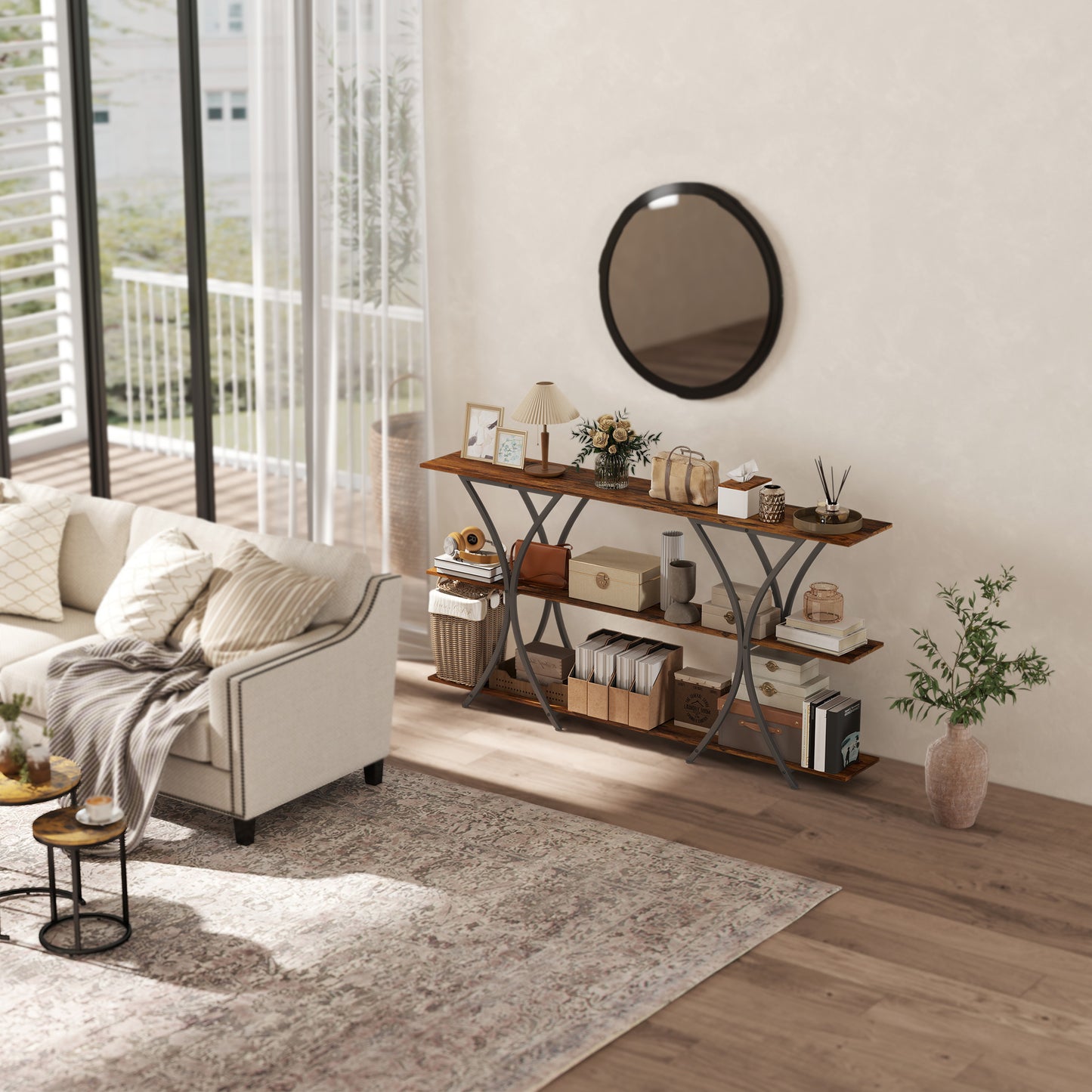 71" Console Table, 3-Tier Industrial Entryway Table with 2 Storage Shelves for Living Room, Hallway, Rustic Brown