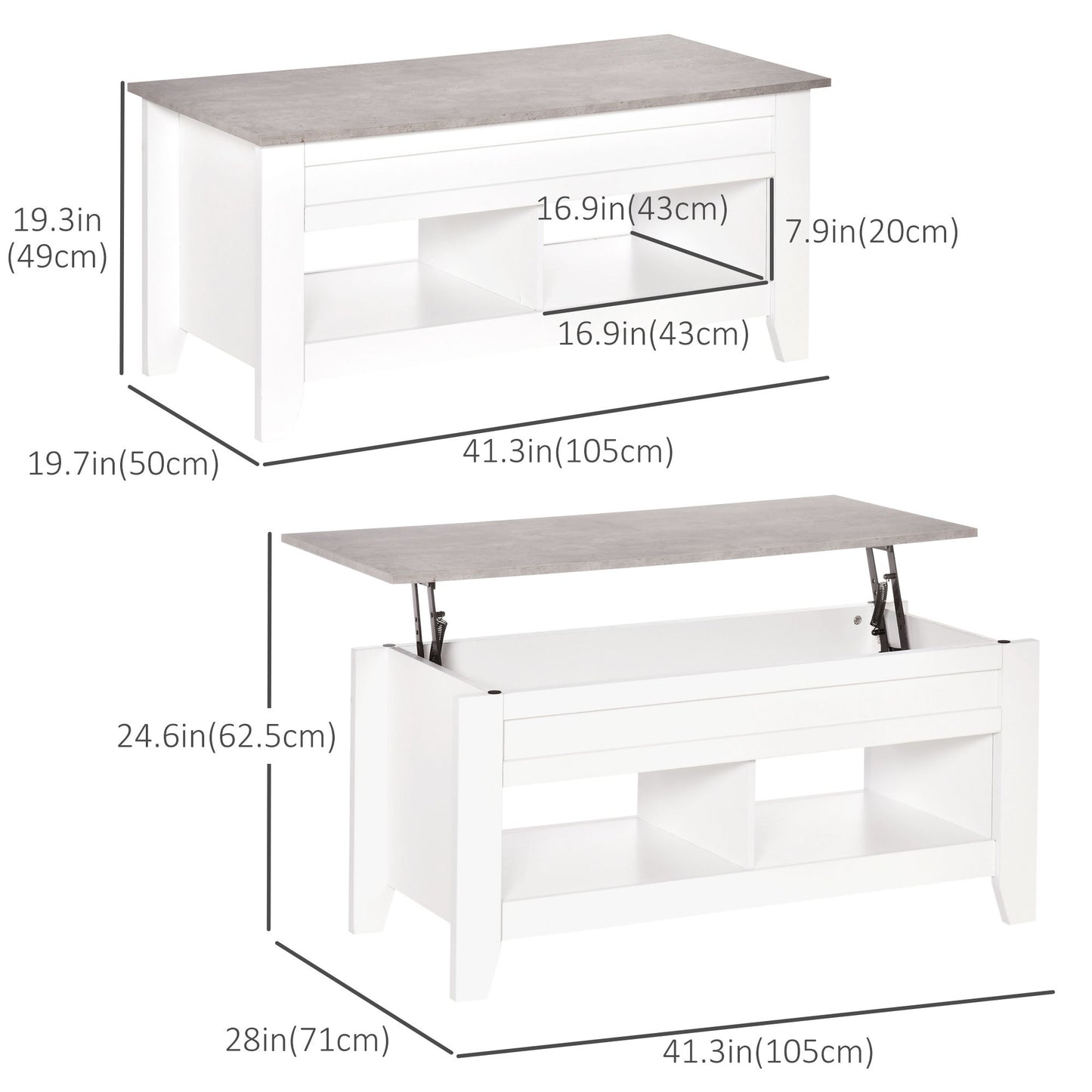Lift Top Coffee Table with Hidden Storage Compartment and Open Shelves, Lift Tabletop Pop-Up Center Table for Living Room, White