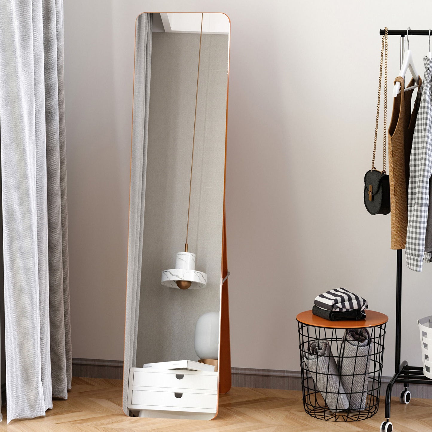 Full Length Mirror for Bedroom, Free Standing Dressing Mirror, Wall Mirror with Wood Frame, 15" x 61", Light Walnut