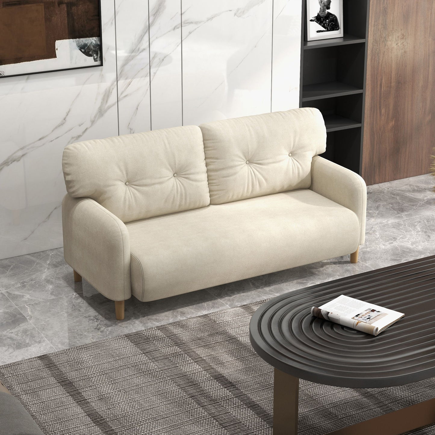 58" 2 Seat Sofa, Modern Love Seats Furniture, Upholstered 2 Seater Couch, Solid Wood Frame, Beige