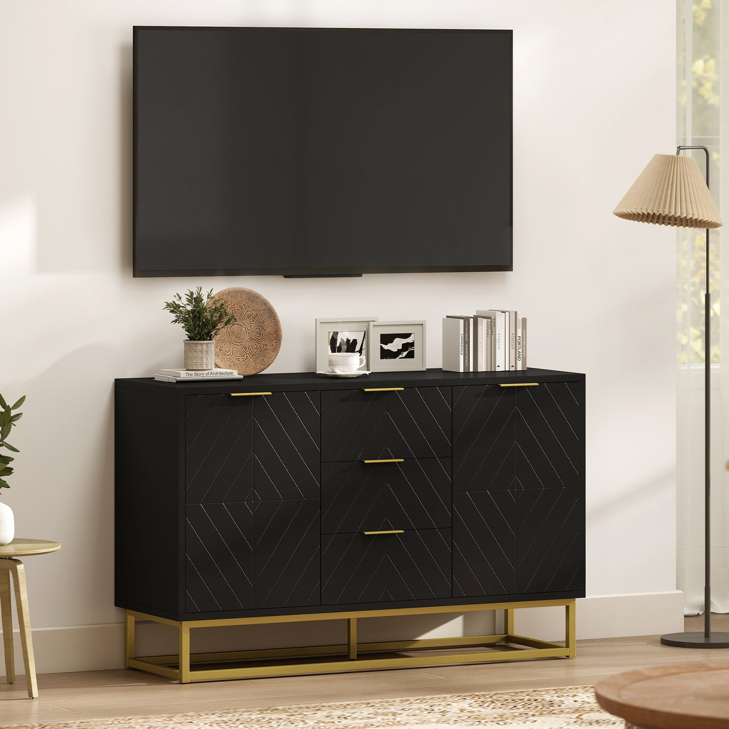 Sideboard Storage Cabinet with 3 Drawers, Adjustable Shelves and Doors, Kitchen Buffet Cabinet for Dining Room, Black