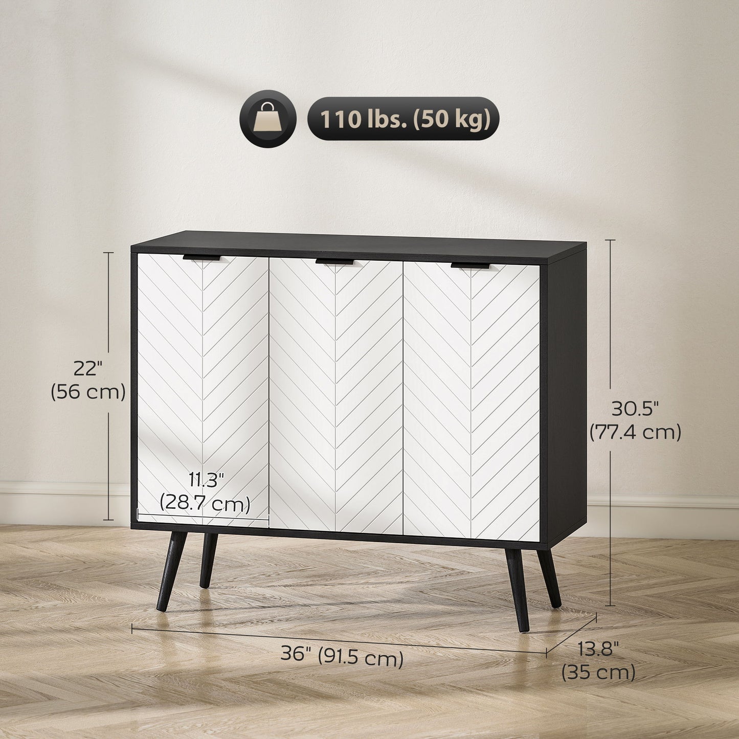 Modern Sideboard and Buffet, Dining Room Cabinet with Adjustable Shelves and 3 Doors, Black
