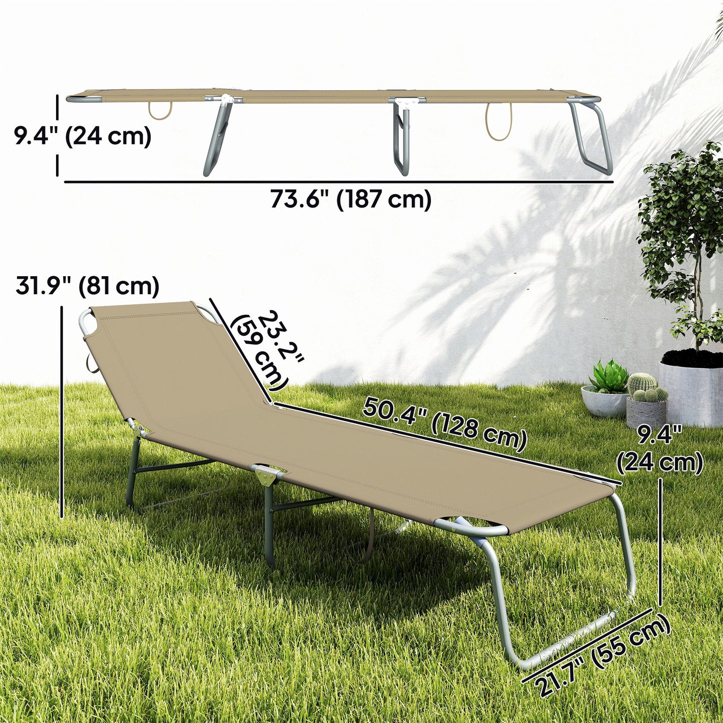 Folding Outdoor Lounge Chair Reclining Tanning Chair with Breathable Mesh Fabric for Patio Garden Pool, Brown