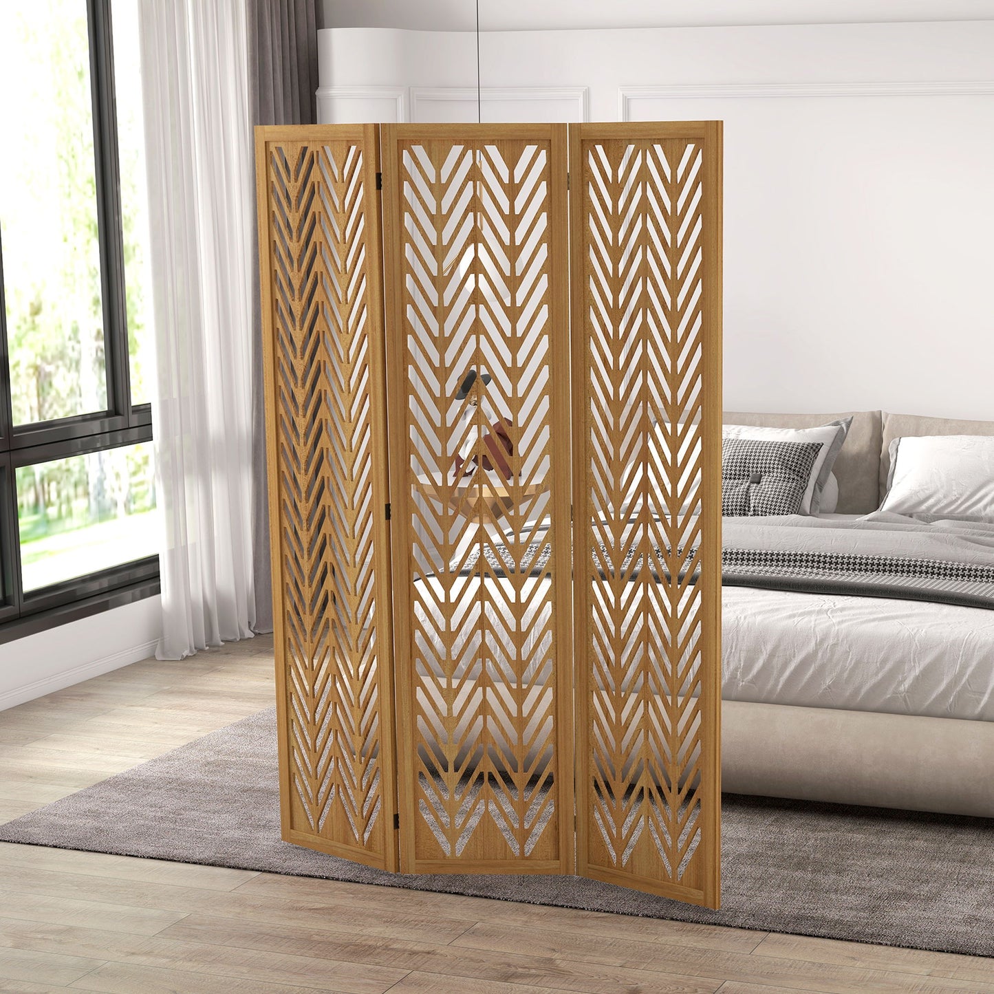 3 Panel Room Divider, 5.6ft Tall Wood Folding Privacy Screens, Freestanding Partition Wall Dividers, Light Brown