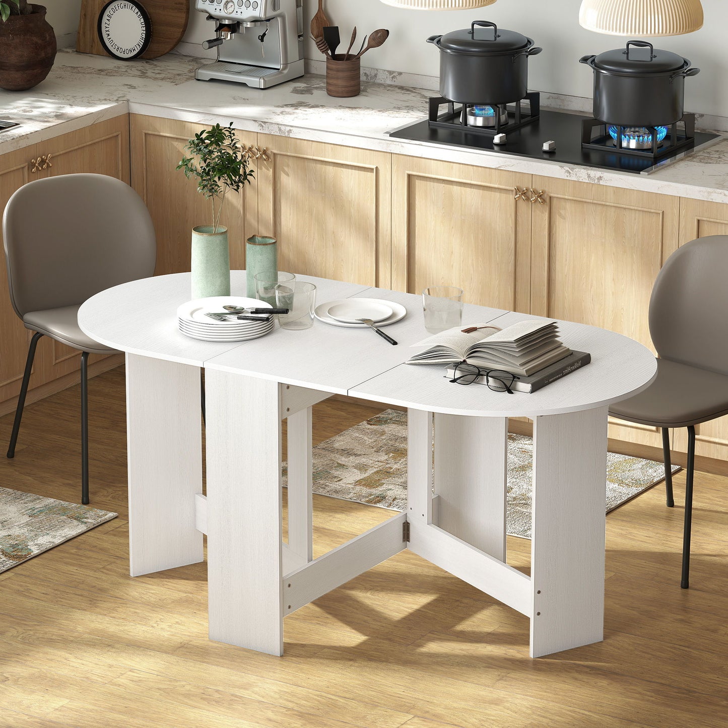 Oval Folding Dining Table, Space Saving Drop Leaf Kitchen Table for Dining Room, Living Room, Distressed White