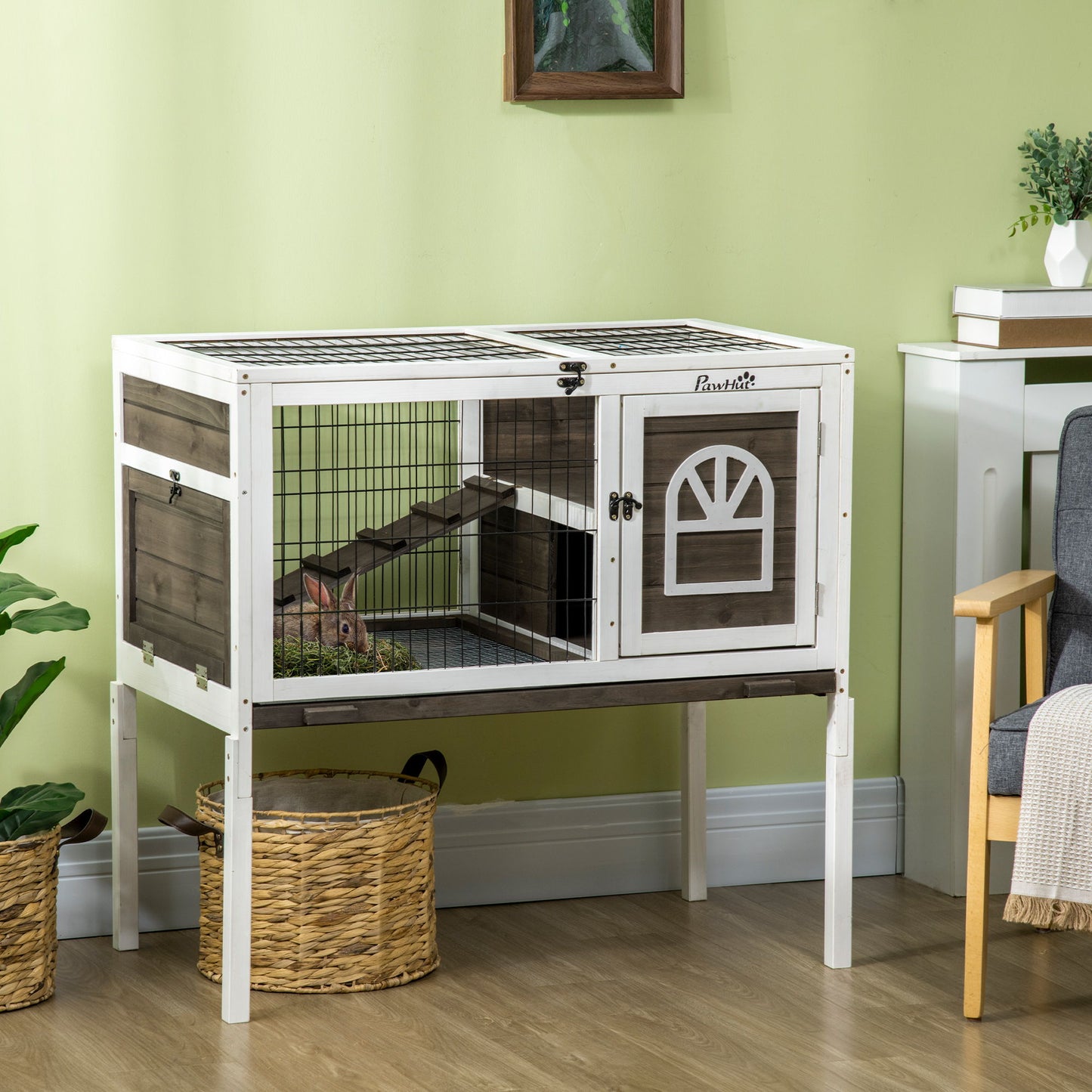 Rabbit Hutch Dual-Height Design Bunny House with Run Slide-Out Tray White and Coffee