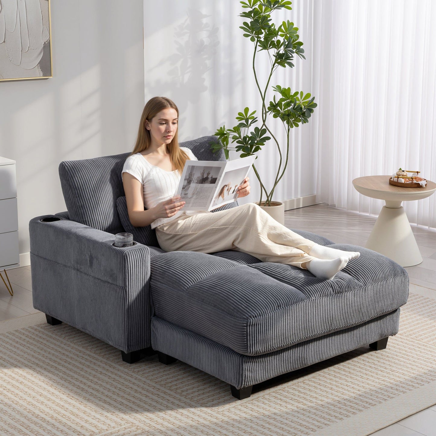 58" Oversized Corduroy Chaise Sofa Bed - Dark Grey