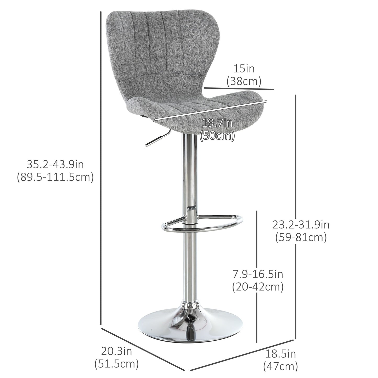 Set of 2 Counter Height Bar Stools Swivel Stool Height Adjustable Bar Chairs with Footrest for Kitchen Dining Home Pub, Grey