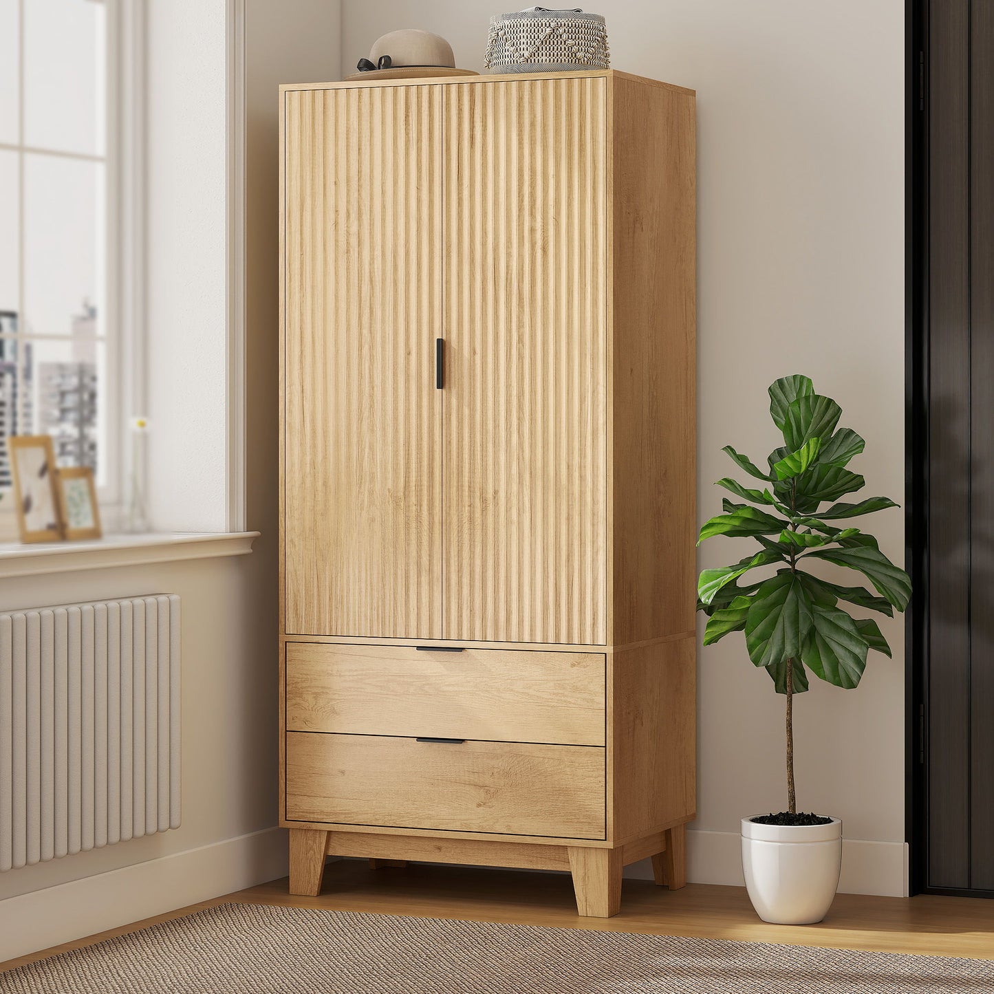 Modern Wardrobe Closet, Freestanding Armoire with Soft-Close Doors, 2 Drawers and Hanging Rod for Bedroom, Natural