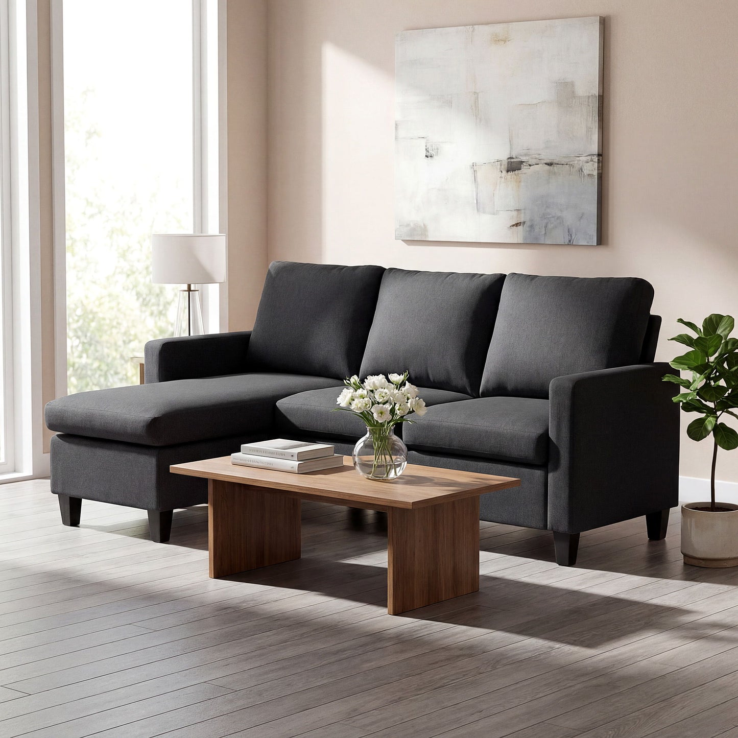 L-Shape Sofa, Modern Sectional Couch with Ottoman, Corner Sofa for Living Room, Dark Grey