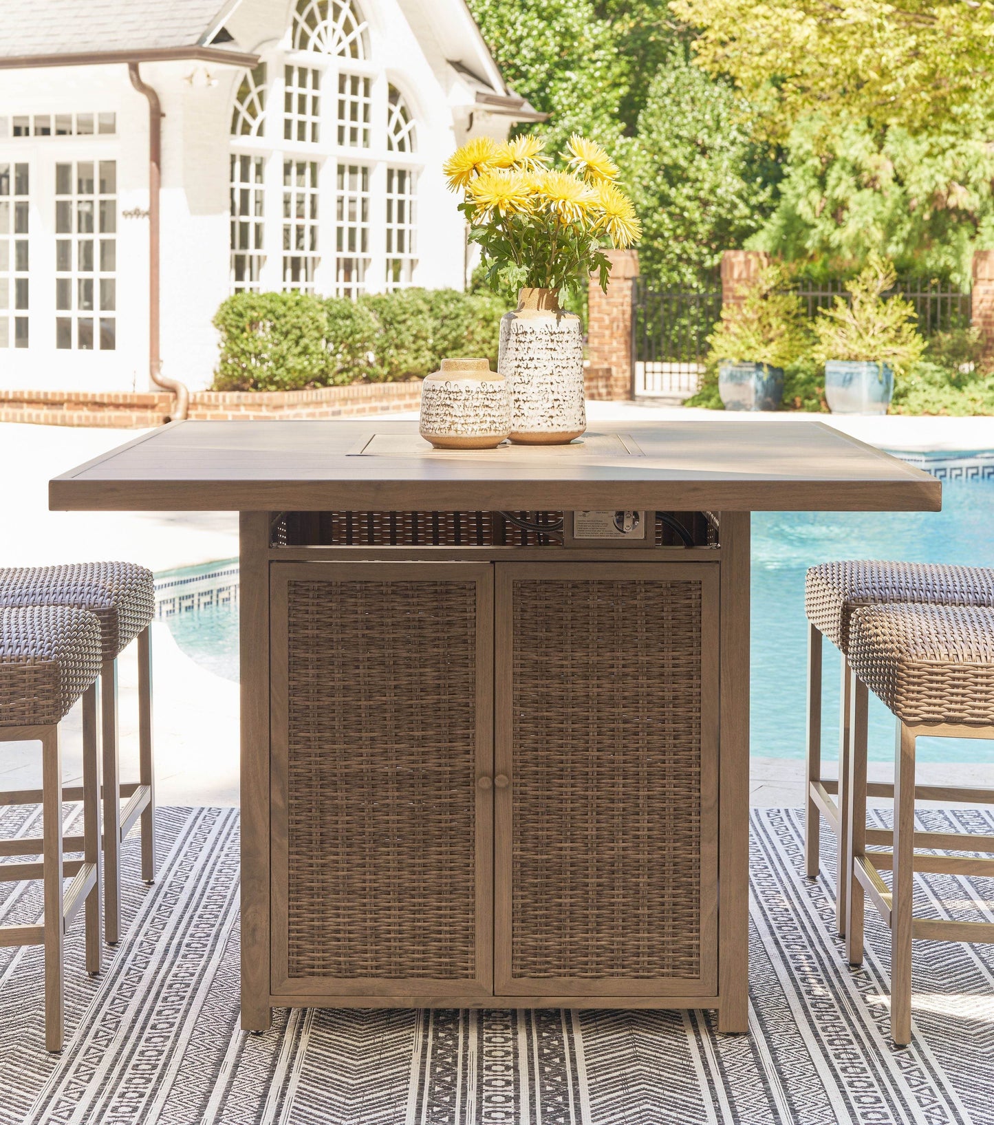 Walton Bridge - Driftwood - 5 Pc. - Square Bar Table W/Fire Pit, 4 Barstools - Forward Furniture