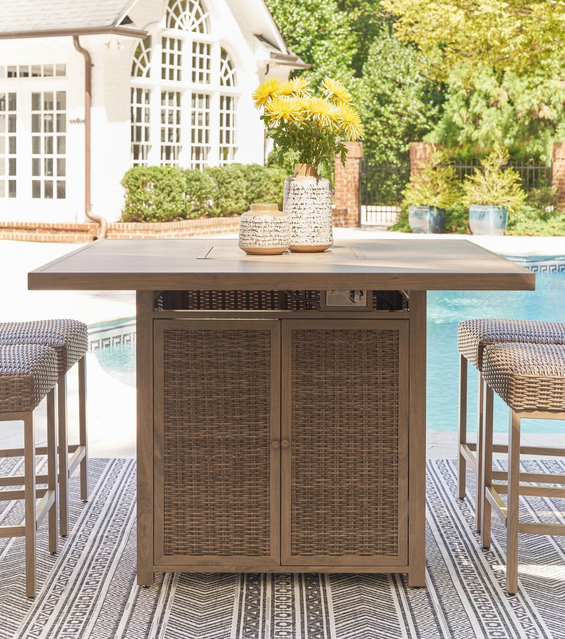 Walton Bridge - Driftwood - 5 Pc. - Square Bar Table W/Fire Pit, 4 Barstools - Forward Furniture