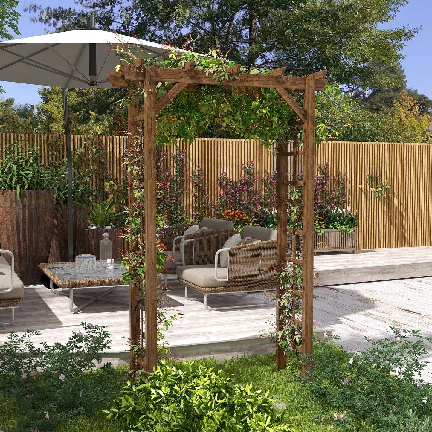 85" Wooden Outdoor Garden Arbour, Garden Arch Trellis for Climbing Vines for Wedding and Ceremony - Carbonized