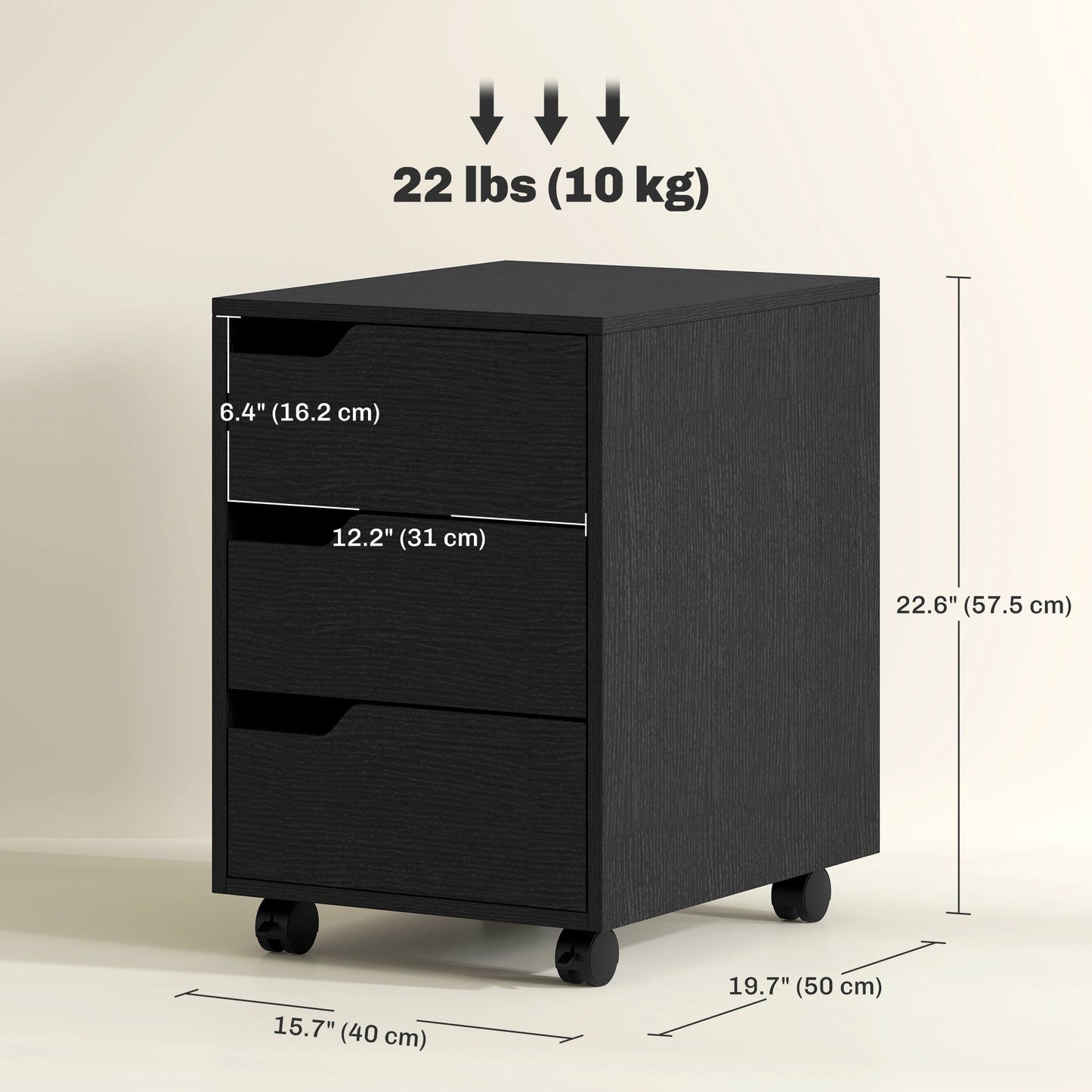 3-Drawer Mobile File Cabinet with Wheels - Black