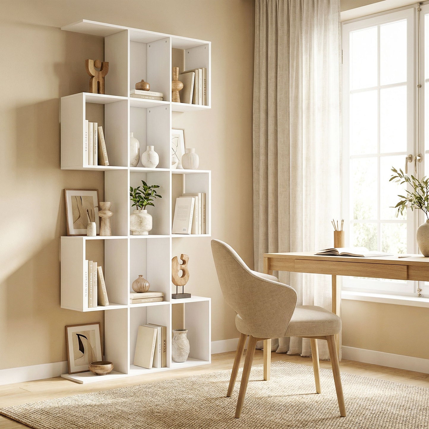 5-Tier Bookshelf, S Shaped Geometric Bookcase with 15 Compartments, White Wood Grain