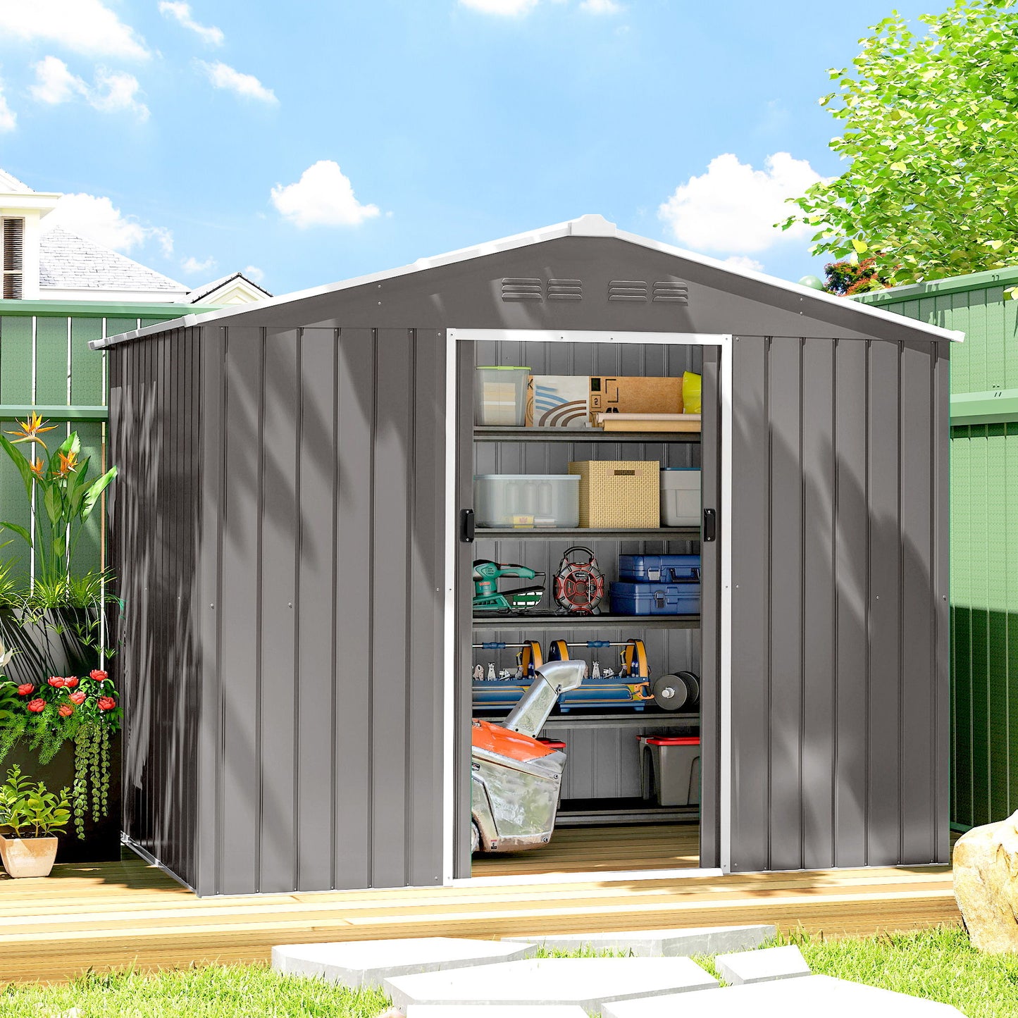 8' x 6' Outdoor Storage Shed, Metal Garden Tool Storage House with Lockable Sliding Doors and Vents, Light Grey