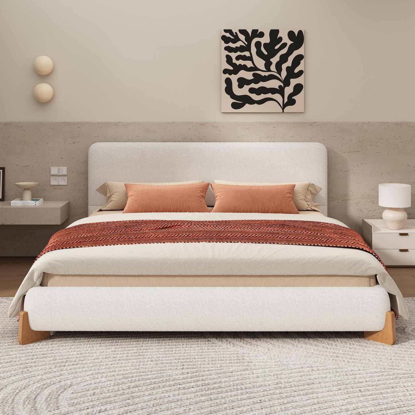 Boucle Upholstered King Bed with 12 Wooden Slats and Solid Feet, Comfortable Bed Frame for Superior Support, 88'' L x 85'' W x 38'' H, White
