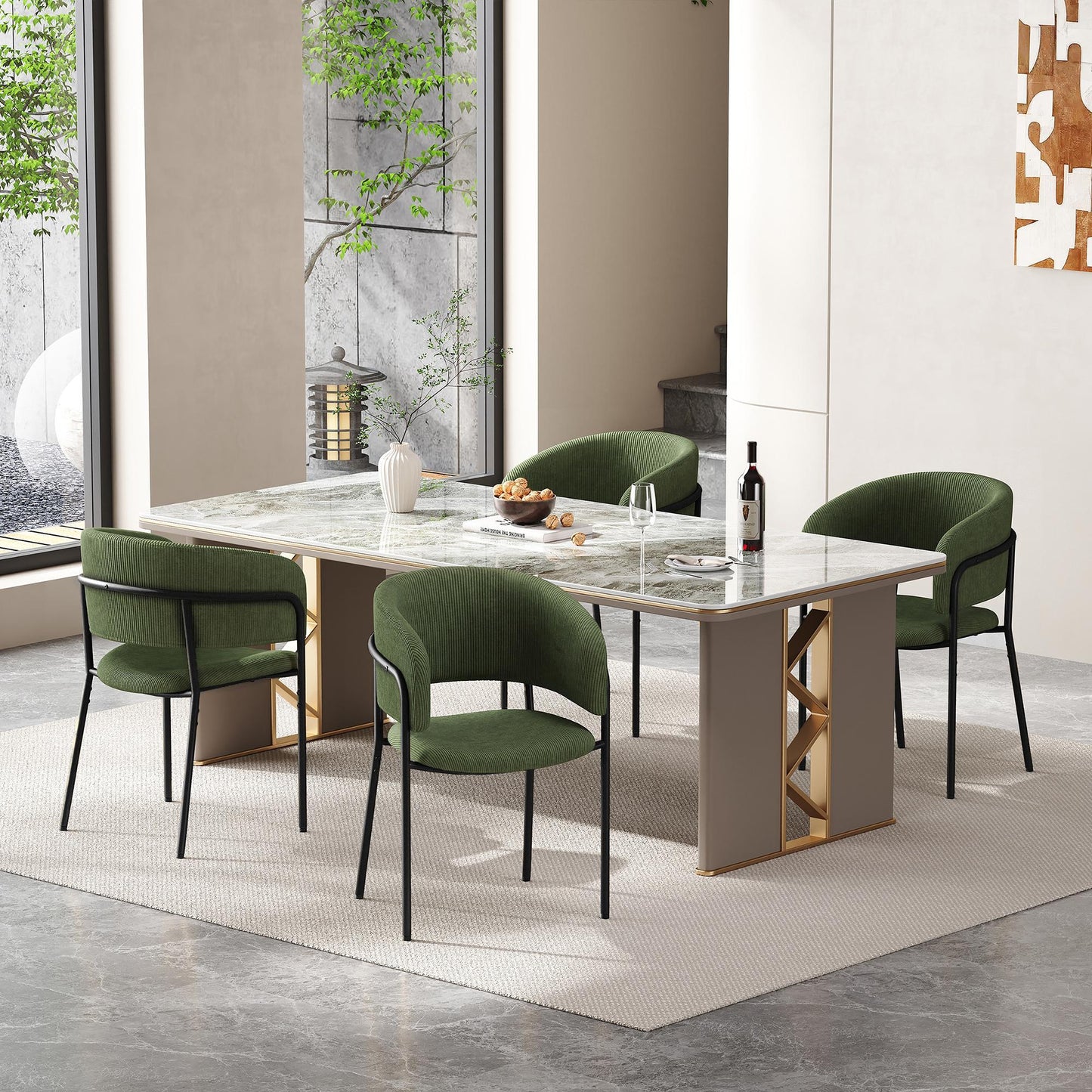 4-Piece Corduroy Side Chair Set with Ergonomic Curved Back, Stylish Lounge Chair Set for Living Room, 30.5" L x 21.5" W x 19.5" H, Green