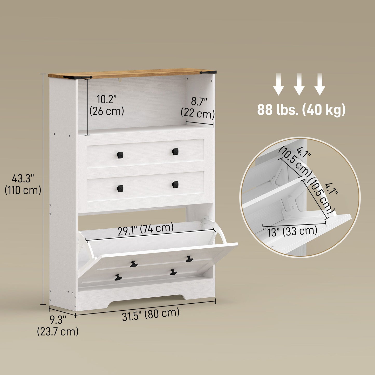 Shoe Cabinet with 2 Flip Drawers, Narrow Shoe Storage Cabinet, White