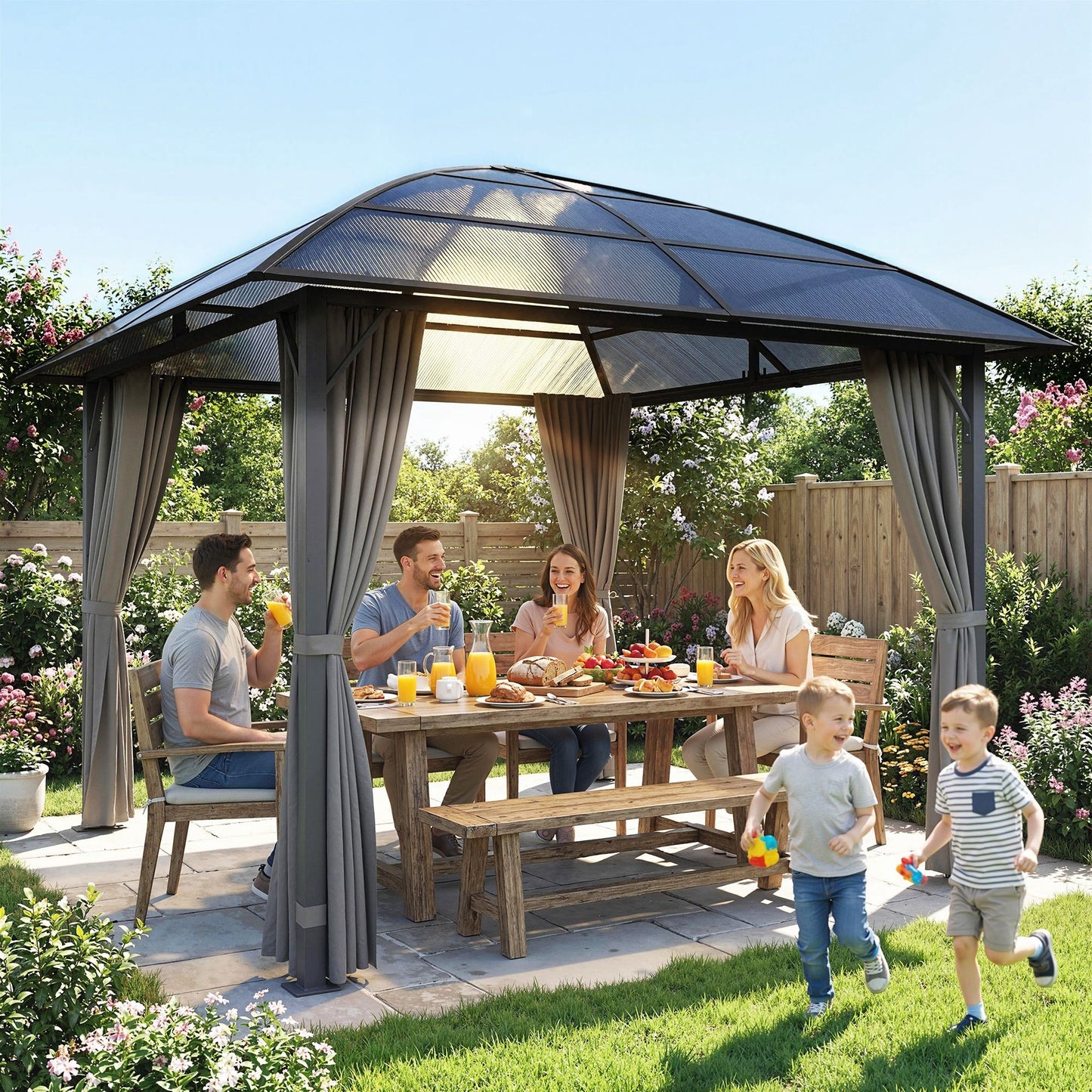 10' x 10' Outdoor Hardtop Gazebo Canopy with UV50+ Polycarbonate Roof, Steel Frame, Central Hook, Curtains, Light Grey