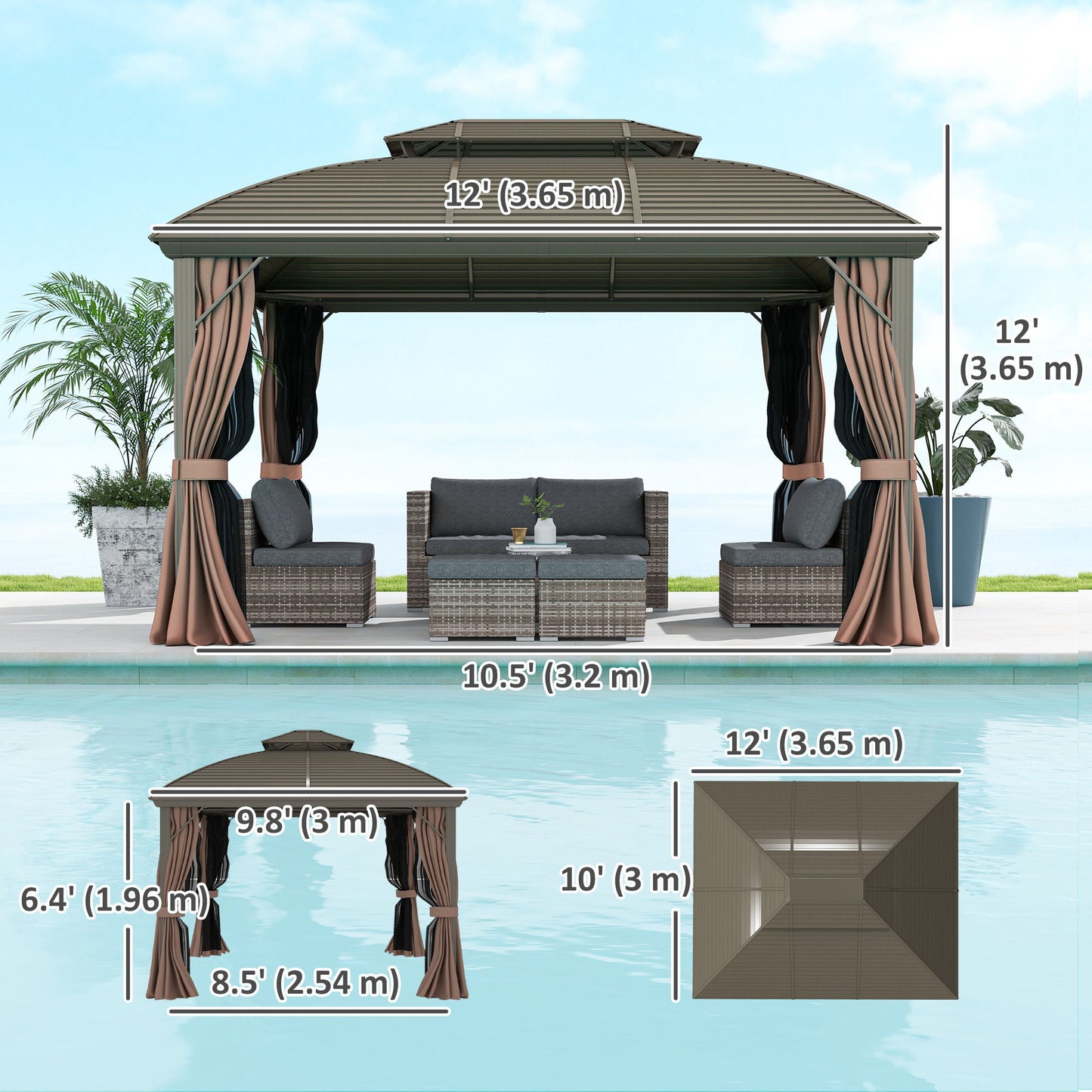 10' x 12' Hardtop Gazebo Canopy with Double Roof, Netting and Curtains for Garden, Backyard, Deck, Coffee