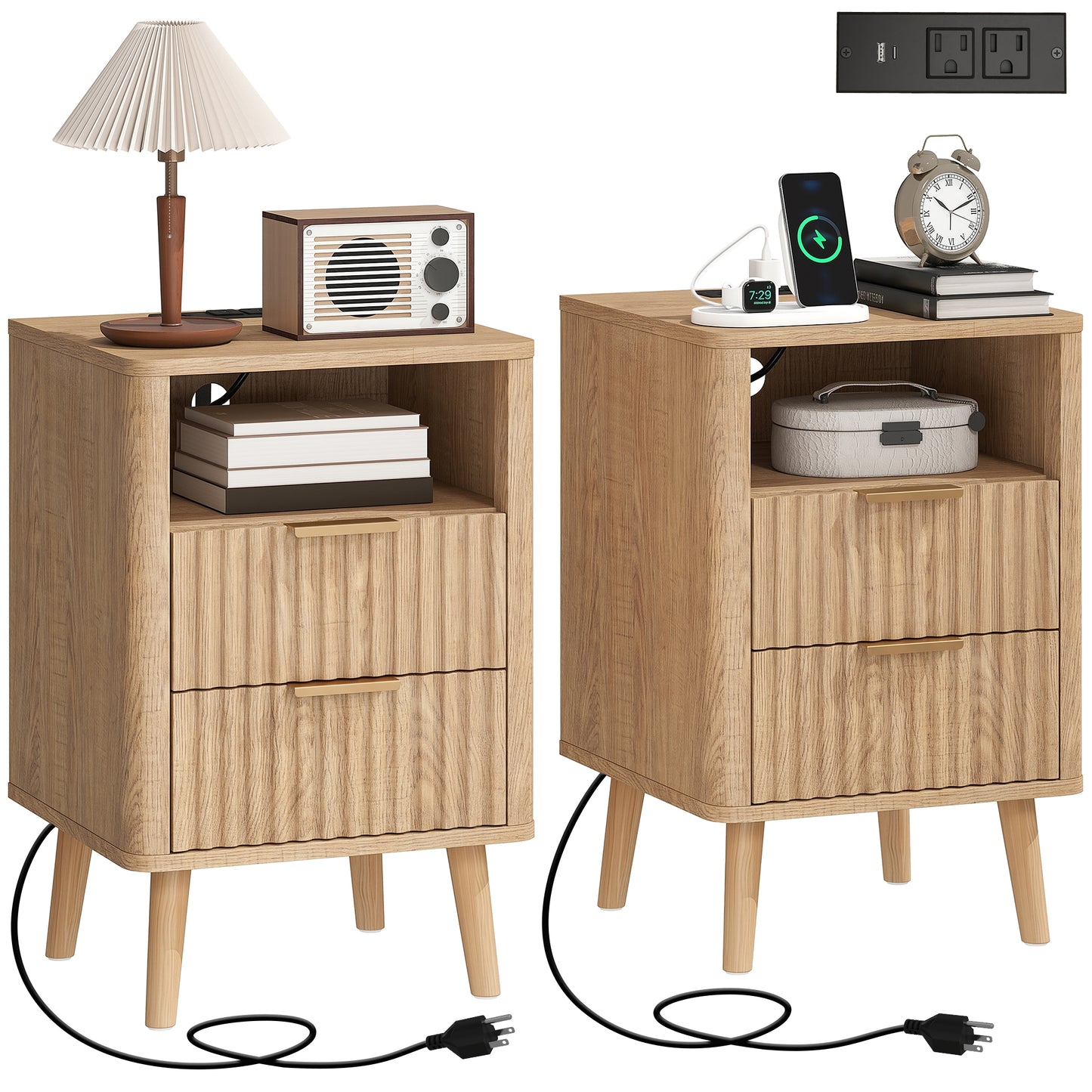 Nightstands Set of 2, Modern Bedside Tables with Charging Station, 2 Drawers and Open Shelf, Oak