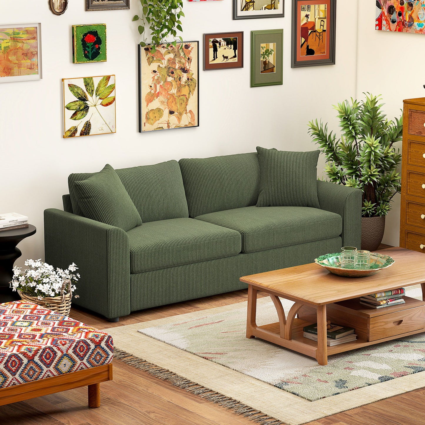 3 Seater Sofa, 83.5" Modern Upholstered Couch with Pocket Spring and 2 Scatter Cushions for Living Room, Green
