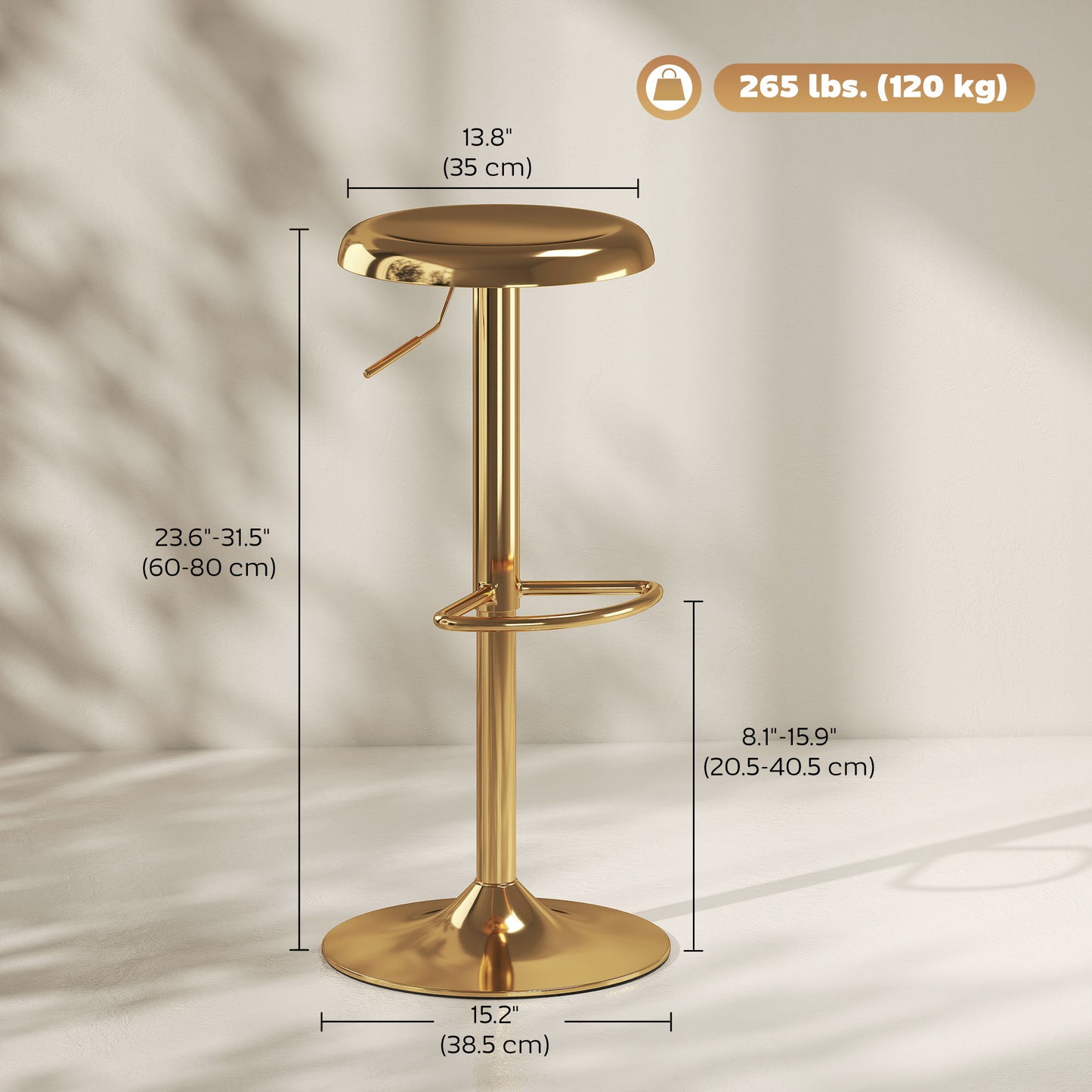 Steel Bar Stools Set of 2, Adjustable Counter Height Round Breakfast Barstools, Industrial Swivel Bar Chairs, Gold