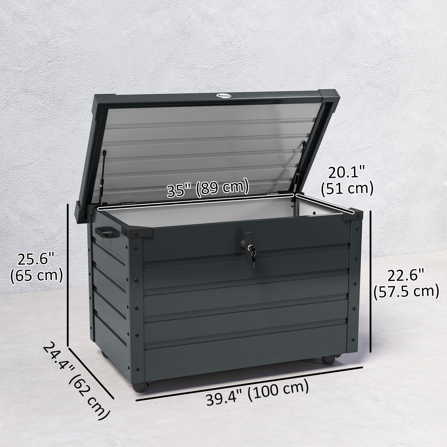 78 Gallon Garden Storage Box, Waterproof Outdoor Storage Container with Wheels and Handles, Dark Grey