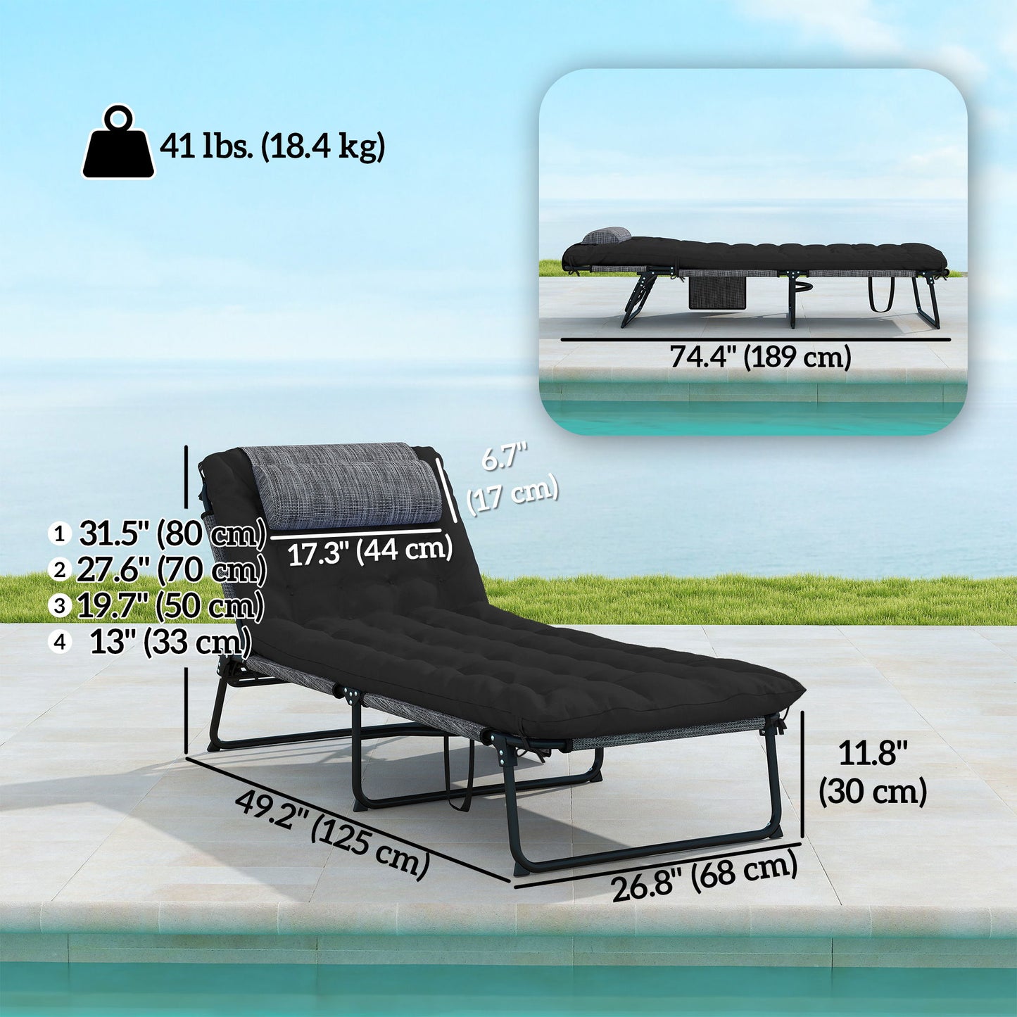 2-Piece Folding Lounge Chairs with Adjustable Backrest, Tanning Chair with Cushion, Side Pocket, Headrest, Black