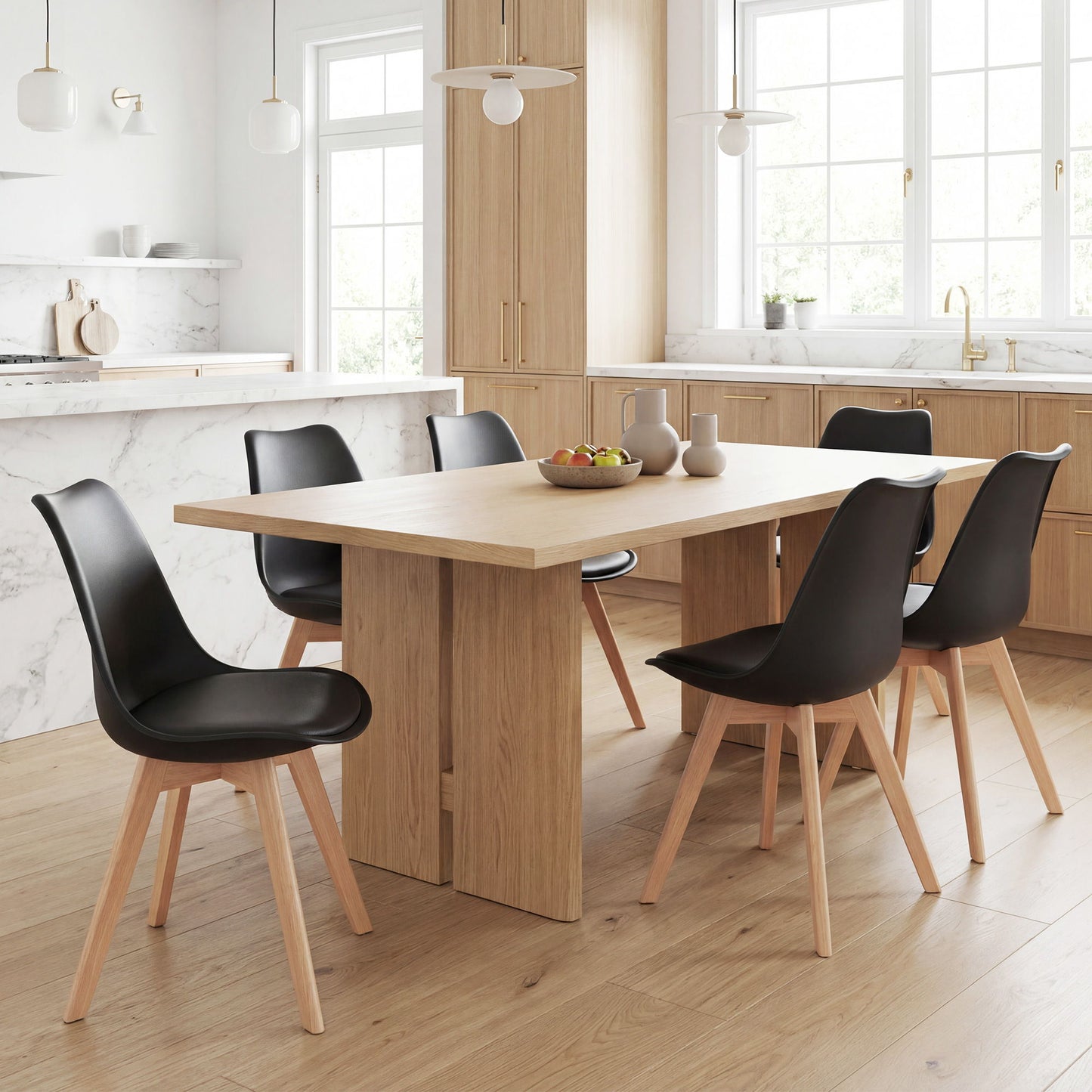Modern Dining Table Chairs Set of 6, Rubber Wood Kitchen Table Chairs with PU Leather Cushion for Living Room, Bedroom