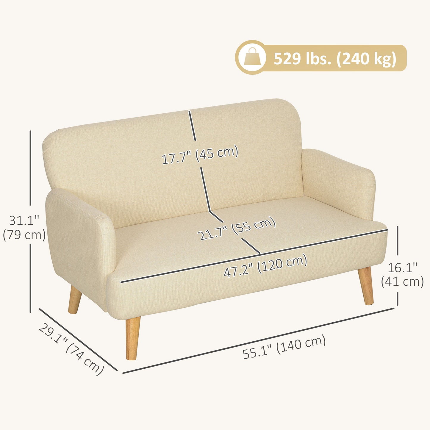 Velvet Feel Fabric 2 Seater Sofa, Small Sofa Loveseat with 8.3" Thick Padding and Wood Legs, Cream White
