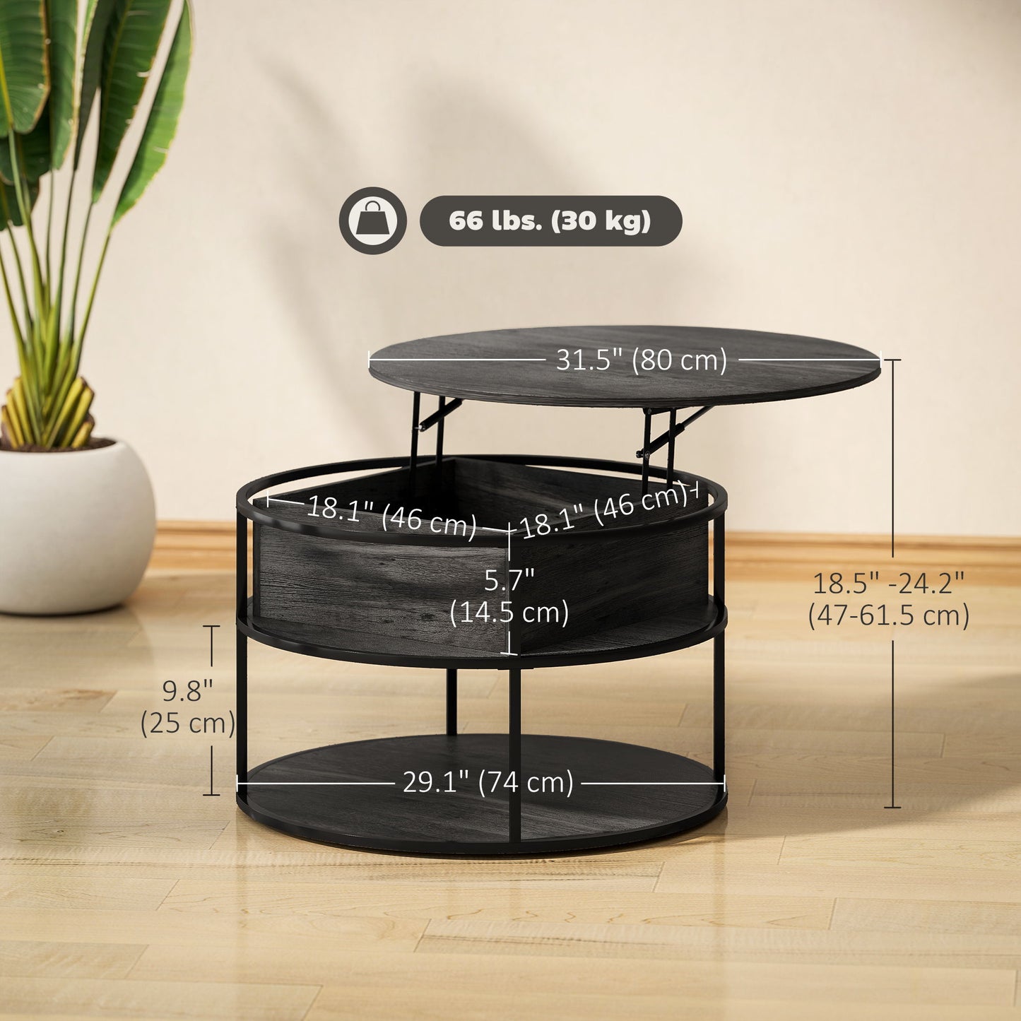 Lift Top Coffee Table, Round Coffee Table with Storage Shelf, Hidden Compartment and Steel Frame, Distressed Dark Grey