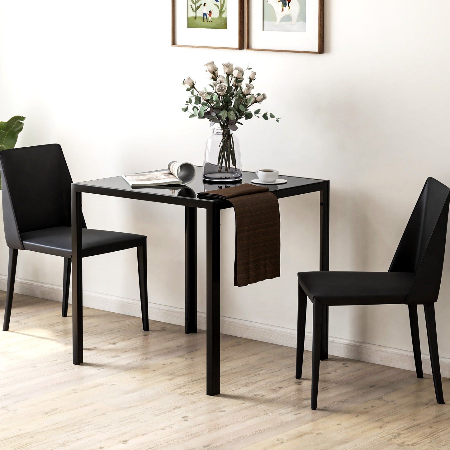 Square Dining Table with Glass Top - Black