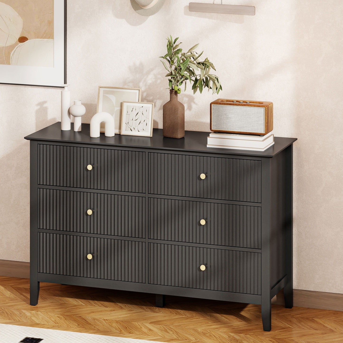 Double Chest of Drawers, Modern 6 Drawer Dresser for Bedroom, Living Room, Hallway, Closet, Black