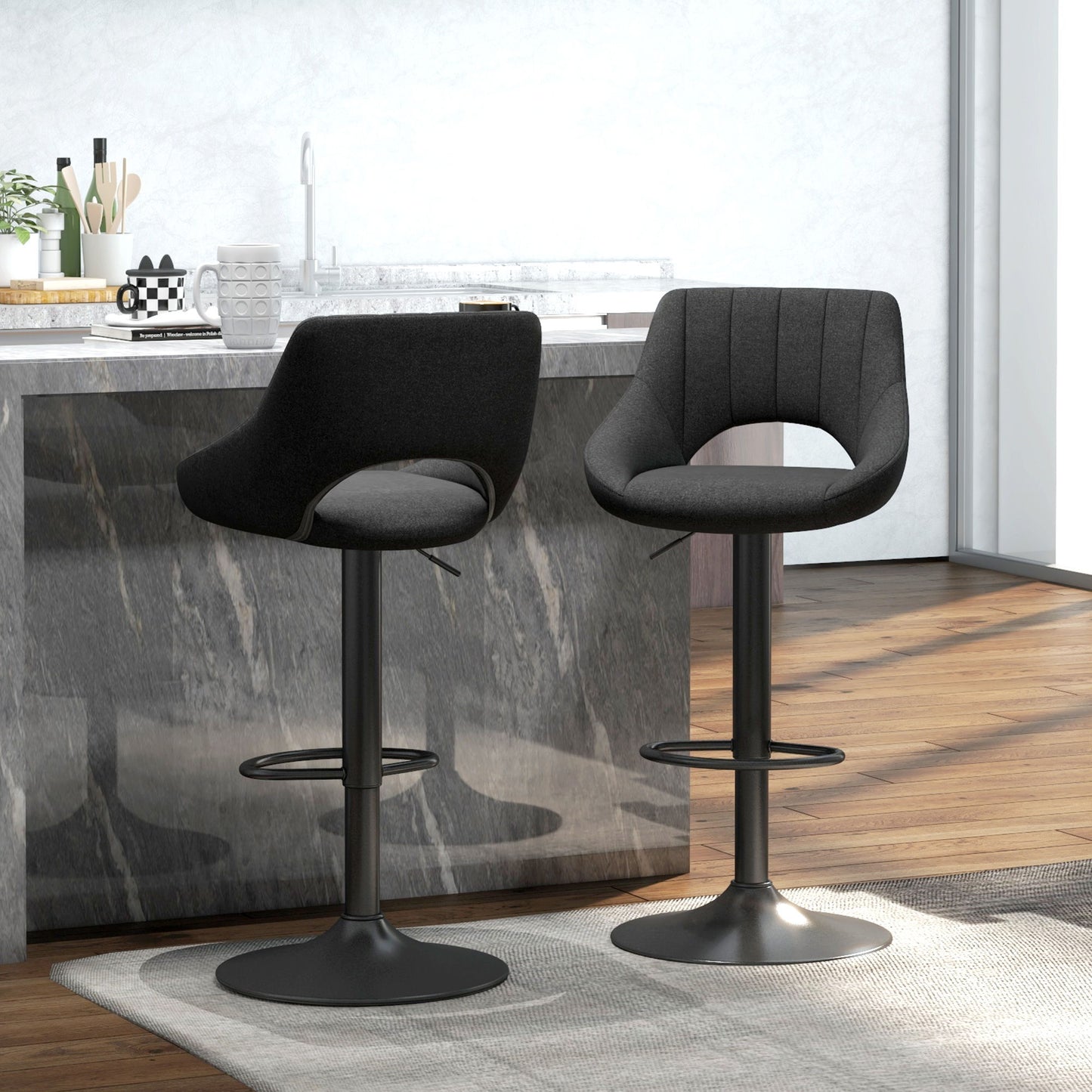 Swivel Bar Stools Set of 2, Linen Upholstered Counter Height Barstools with Round Metal Base