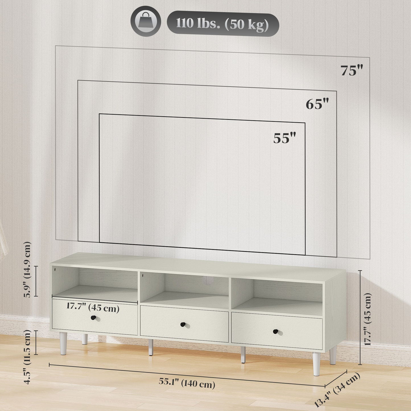 TV Stand for up to 75 Inches, TV Table with 3 Storage Shelves, 3 Drawers for Living Room, Bedroom, Cream White