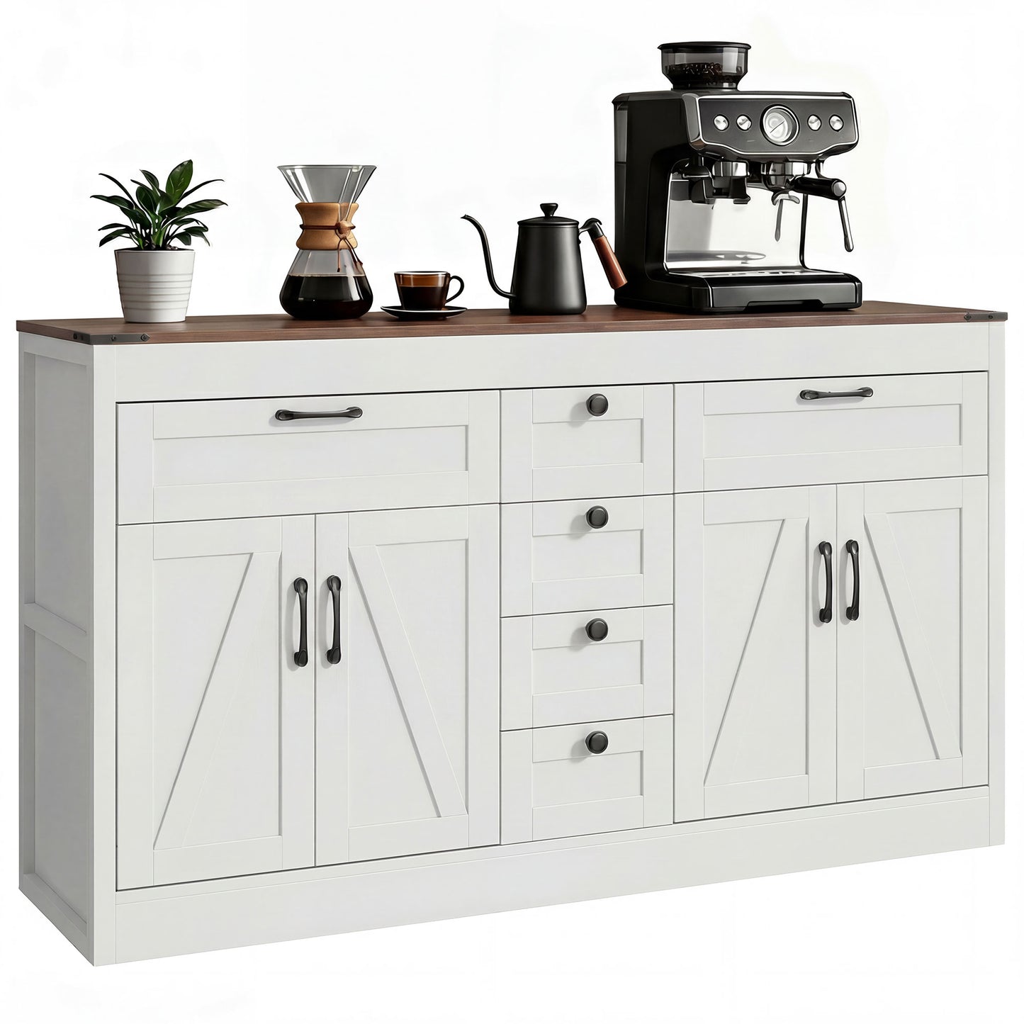 Sideboard Buffet Cabinet, 55" Farmhouse Kitchen Cabinet with 4 Barn Doors, 6 Drawers and 2 Adjustable Shelves, White