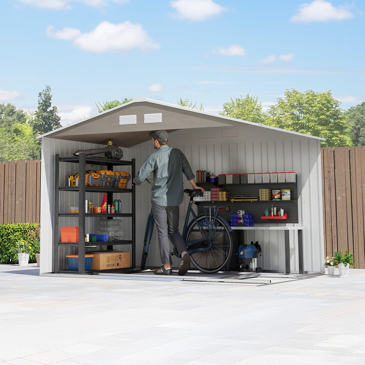 9.1'x6.4'x6.3' Garden Storage Shed w/ Foundation Kit Metal Tool Storage House w/ Double Doors Distressed Light Brown