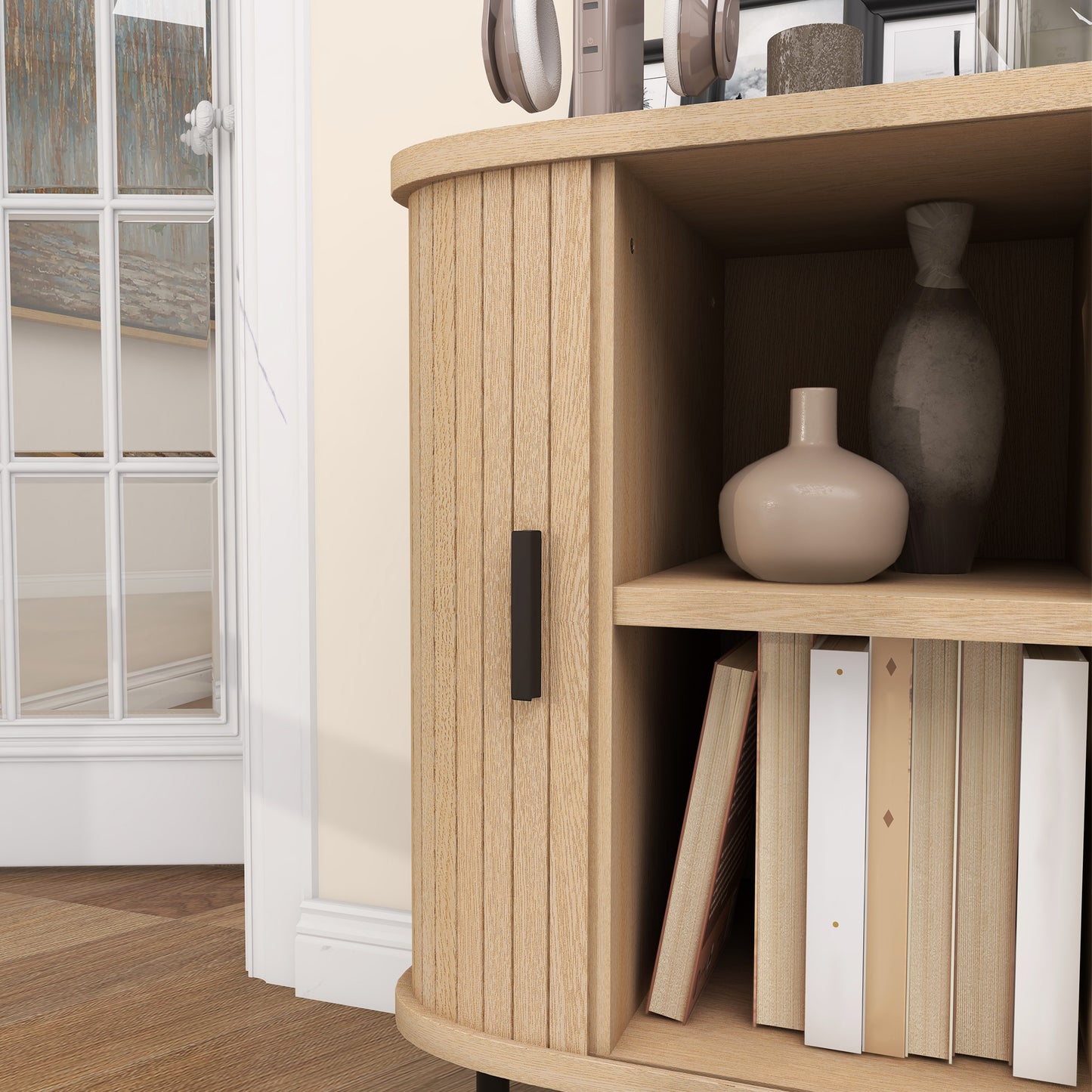 35.4" Sideboard Buffet Cabinet with Storage, Nordic Coffee Bar Cabinet with Slatted Tambour Doors and Metal Legs, Oak