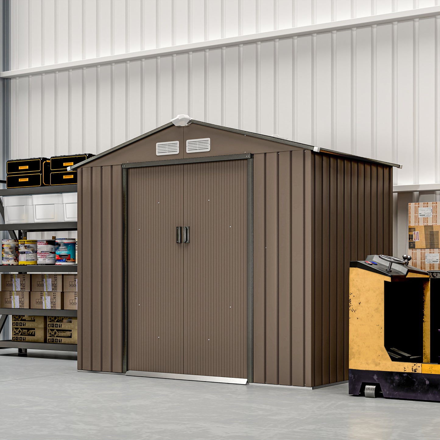 7' x 4' x 6' Garden Storage Shed Outdoor Patio Metal Tool Storage House w/ Foundation Kit and Double Doors Brown