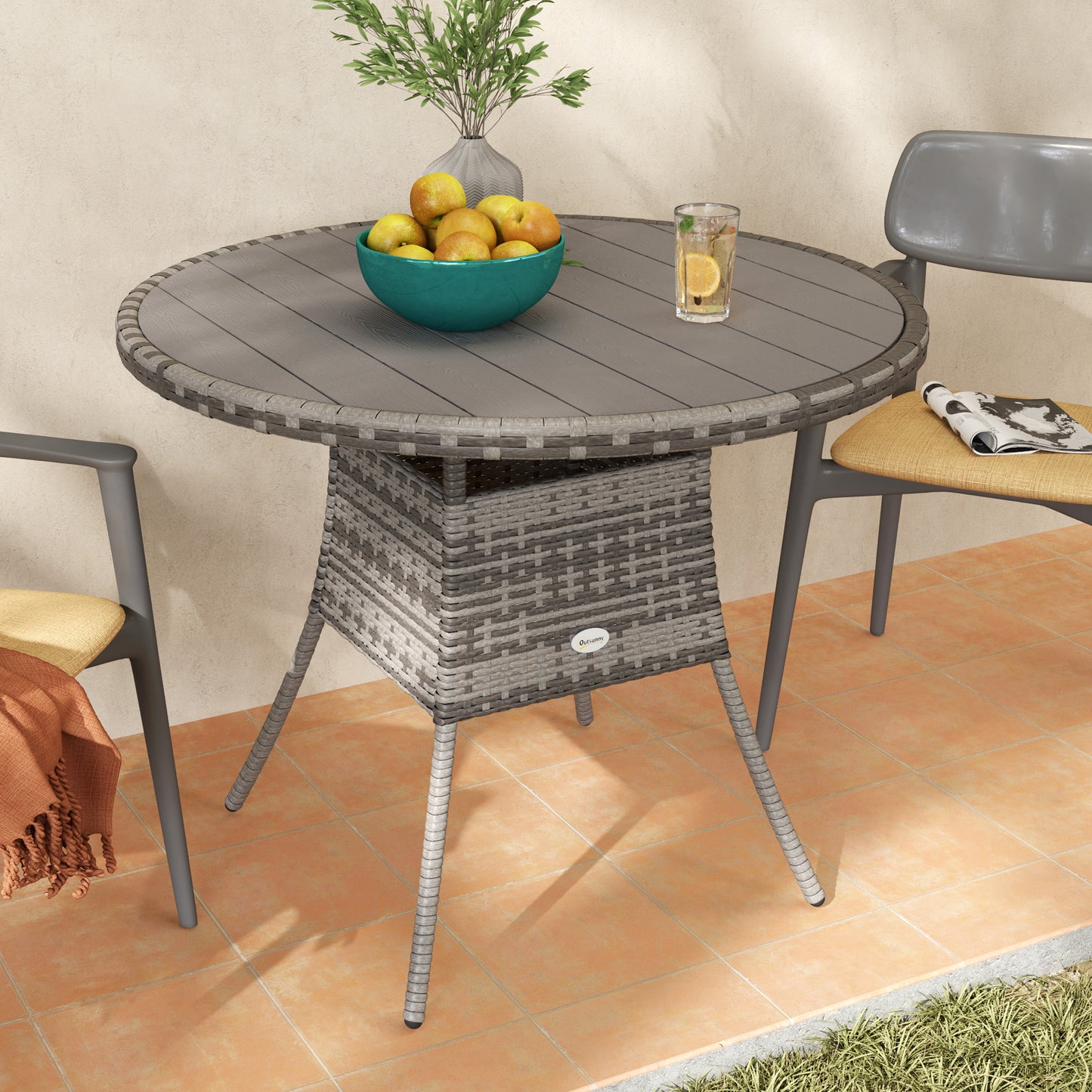 35.4" Outdoor Wicker Dining Table, PE Rattan Patio Furniture with Wood-plastic Composite Top, Grey