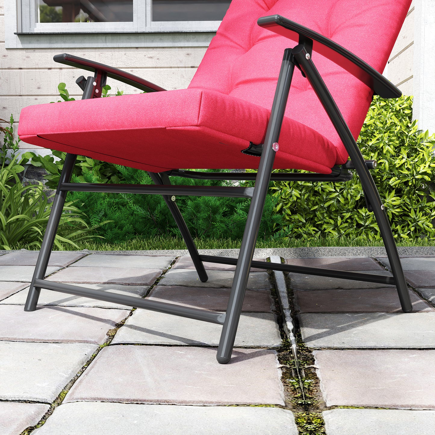 Foldable Lounge Chair, Fabric Upholstered Recliner, Outdoor Lounger with Armrest, Metal Frame for Backyard, Red