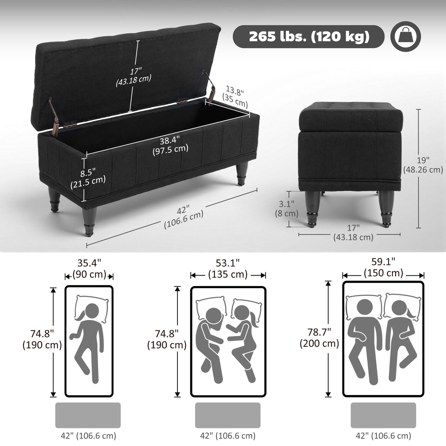 Storage Ottoman, Linen Fabric End of Bed Bench with Button Tufted Storage Bench for Bedroom, Black
