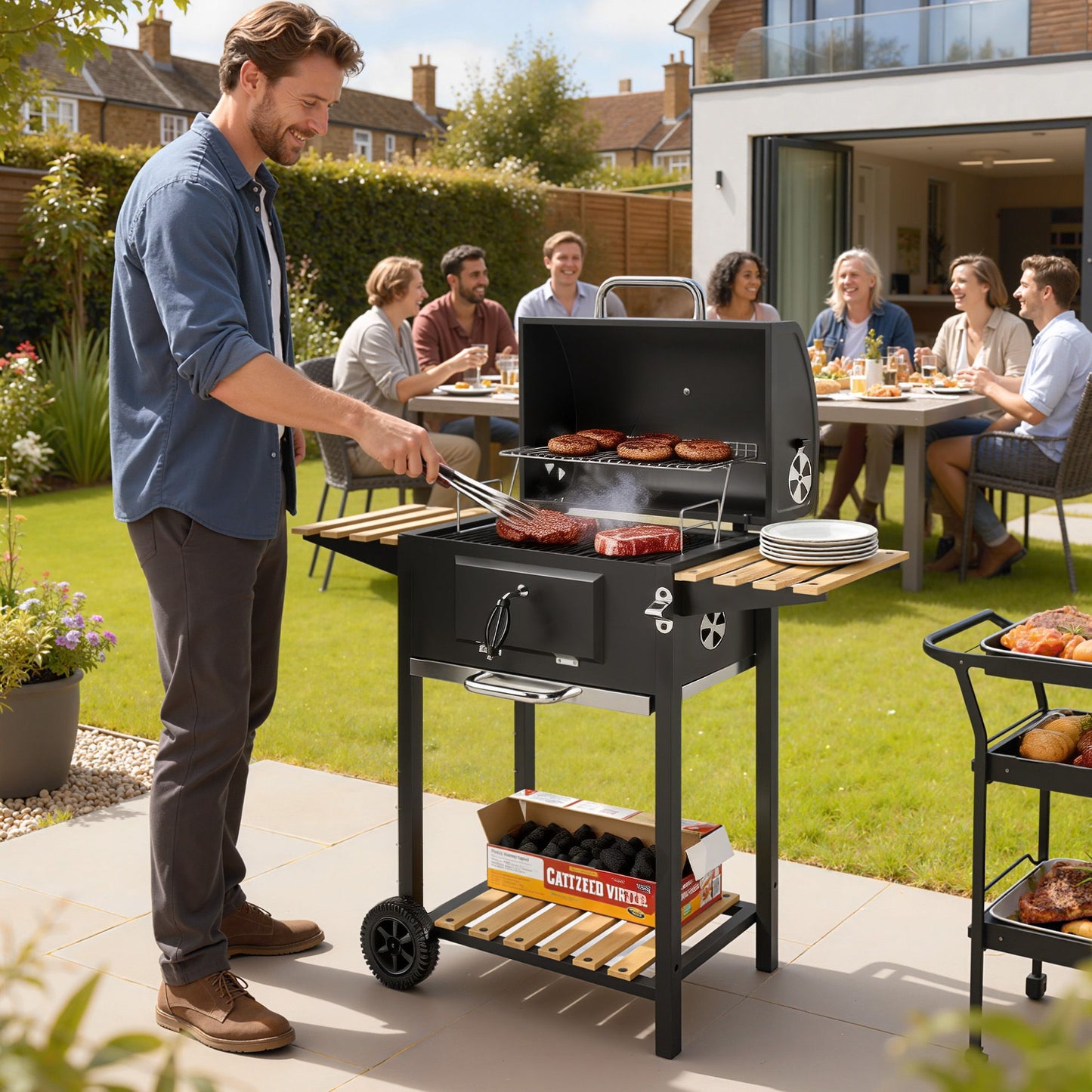 20" Charcoal BBQ Grill Barbecue on Wheels with Adjustable Charcoal Pan, Spacious Cooking Area, 3 Shelves, Thermometer